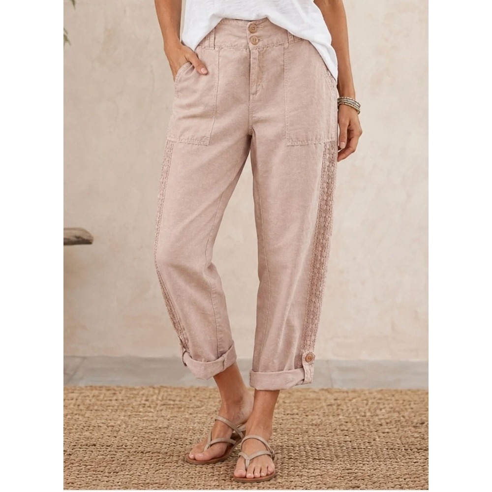 Sundance Organia Linen Blend Crocheted Lace Trim Cropped Pants 10 Biege/Tan